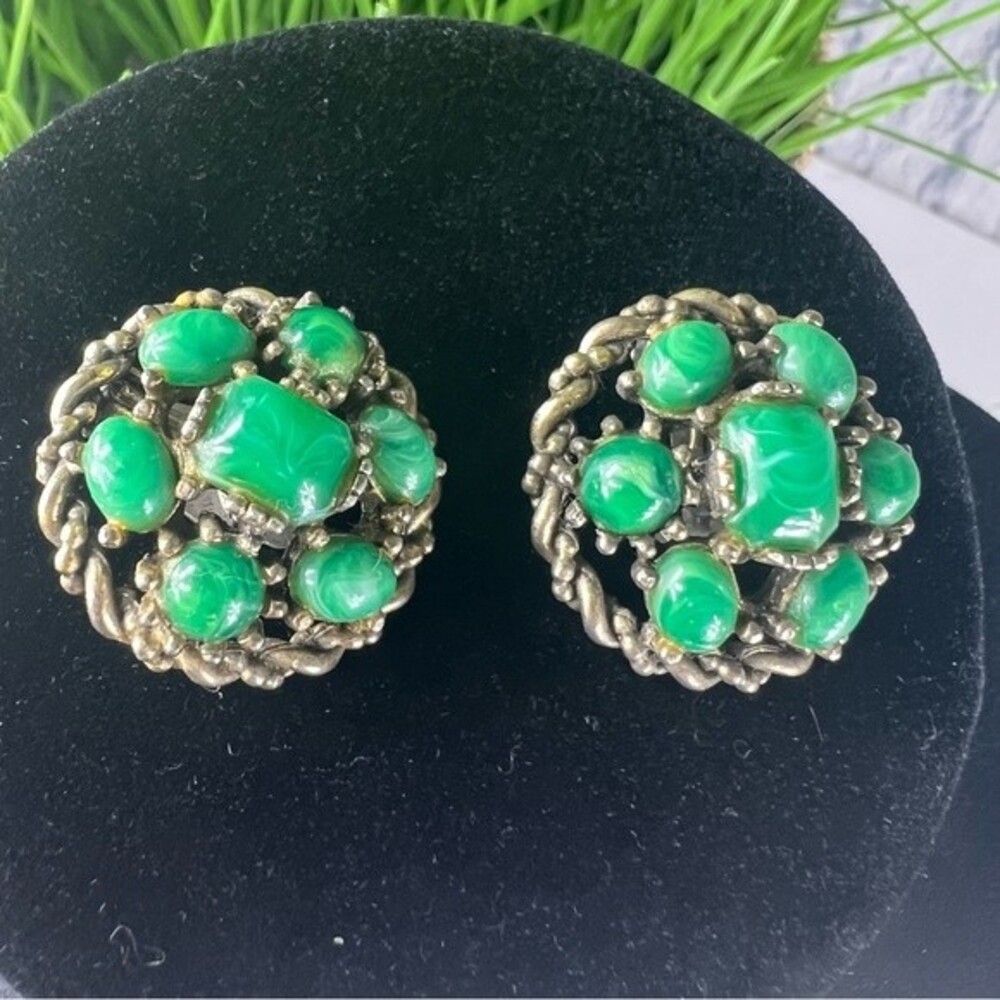 Vintage earrings Clip on green cluster earrings statement circle round enamel